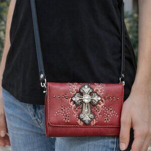 Elegant Red Cross Embellished Clutch Western Purse